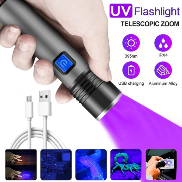 395nm UV Flashlight Blacklight Zoomable USB Rechargeable UV Light Ultraviolet Flashlight for Pet Urine Detection Resin Curing - Image 3